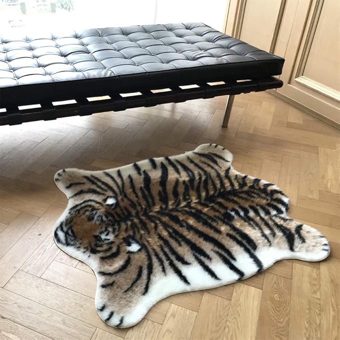 Tiger Print Area Rug Faux Cowhide Skin Hide Animal Printed Rugs Cute Carpet Nonslip Mat Premium Quality Rug and Chair Cover 35.4x43.3inch
