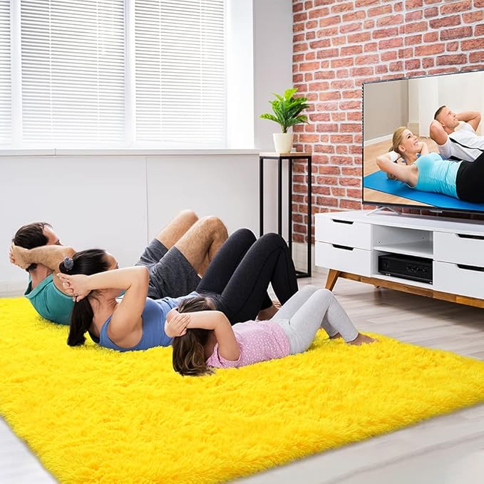 Amearea Shag Fluffy Area Rug for Bedroom Girls Living Room, Extra Soft and Fuzzy Shaggy Rugs, Non Slip, Solid Color Carpet Mat for Boys Nursery Home, Yellow 6x9 Feet