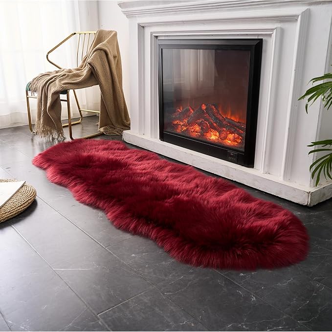 EasyJoy Ultra Soft Fluffy Shaggy Area Rug Faux Fur Rug Chair Cover Seat Pad Fuzzy Area Rug for Bedroom Floor Sofa Living Room (2 x 6 ft Sheepskin, Burgundy)
