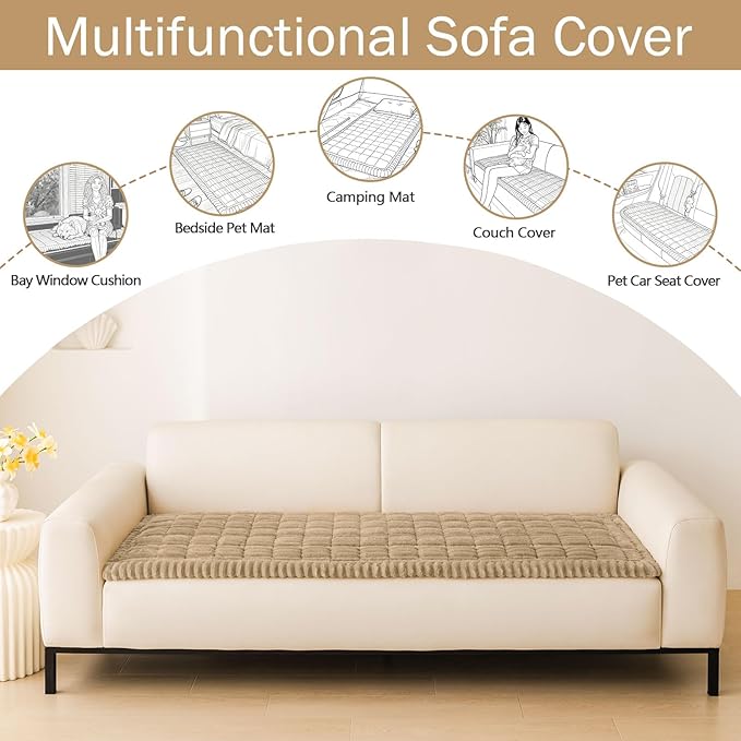 hyha Couch Covers for Dogs Washable, Non Slip Plush Dog Sofa Protectors, Fuzzy Pet Couch Covers for 3 Cushion Sofa Pet Friendly (Khaki, 27.6" x 82.7")