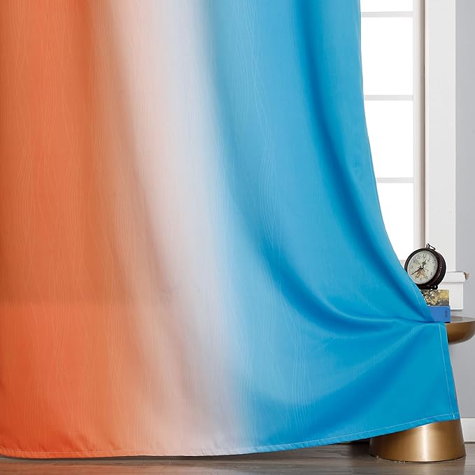 Ombre Orange and Blue Curtains 63 Inch Length 2 panels, Total Blackout Curtains for Bedroom, Grommet Thermal Insulated Gradient Drapes, Full Light Blocking Curtains for Boys Room, 52x63 Inch