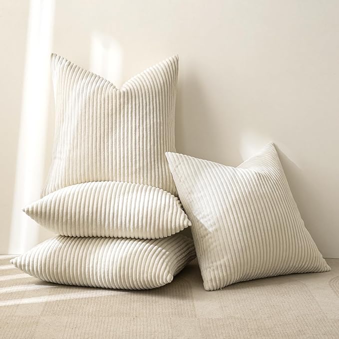 MIULEE Boho Farmhouse Throw Pillow Covers 18x18 Inch Set of 4 Mordern Nordic Cushion Covers Soft Corduroy Spring Home Decor for Couch Bed Sofa Living Room Cream White