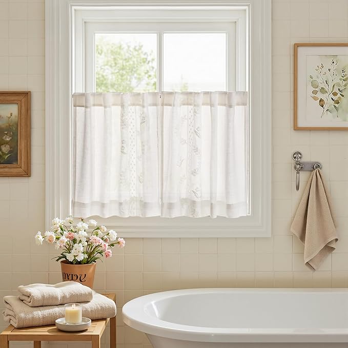 jinchan Belrose Linen Floral Kitchen Curtains 24 inch Length Embroidered Farmhouse Cafe Curtains for Living Room Bathroom Small Windows Curtain Set Sheer Light Filtering 2 Panels White