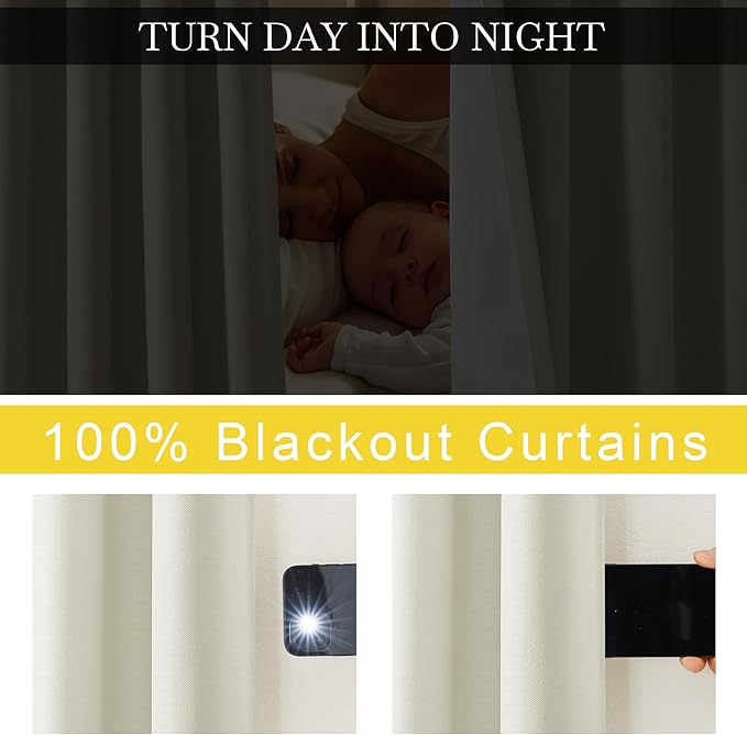 NICETOWN Faux Linen 100% Blackout 108 inch Curtains for Bedroom, Silver Grommet 2 Layers with White Liner Window Treatments Sound Reducing Drapes for Living Room, Natural, W52 x L108, 2 Panels