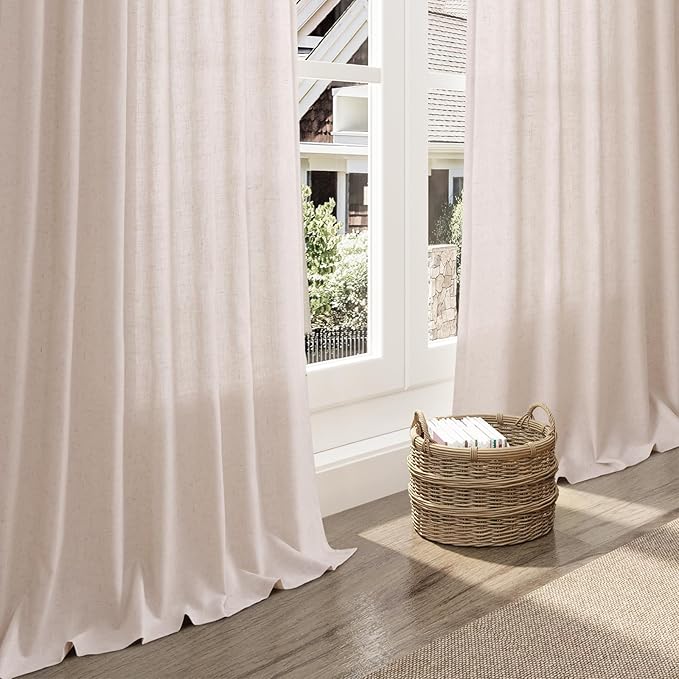 Natural White Linen Curtains 72 Inches Long for Living Room Burlap Linen Textured Light Filtering Semi Sheer Curtains Back Tab Privacy Neutral Farmhouse Curtain for Bedroom Office 52x72, 2 Panels