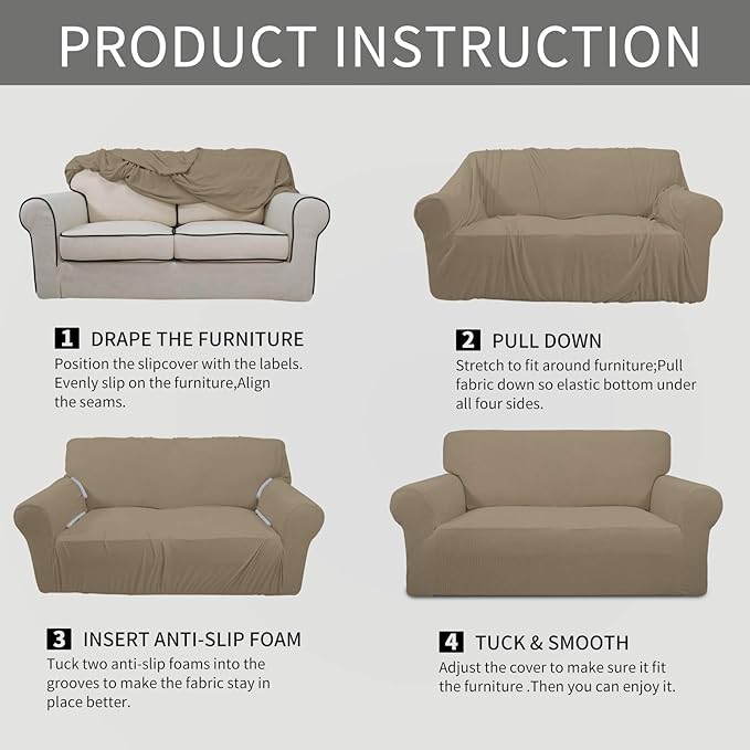 Easy-Going Stretch Oversized Sofa Slipcover 1-Piece Sofa Cover Furniture Protector Couch Soft with Elastic Bottom for Kids, Polyester Spandex Jacquard Fabric Small Checks Natural