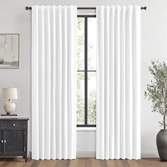 MIULEE 100% Blackout Linen Curtains for Bedroom, Bright White Solid Luxury Decor Thermal Insulation Room Darkening Drapes for Living Room Nursery Back Tab Rod Pocket 42 x 72 Inches, 2 Panels