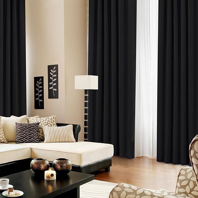 Deconovo Blackout Curtains, Thermal Insulated, W42 x L63 2 Panels, Back Tab, Machine Washable, Room-Darkening Drapes for Bedroom/Living Room Black