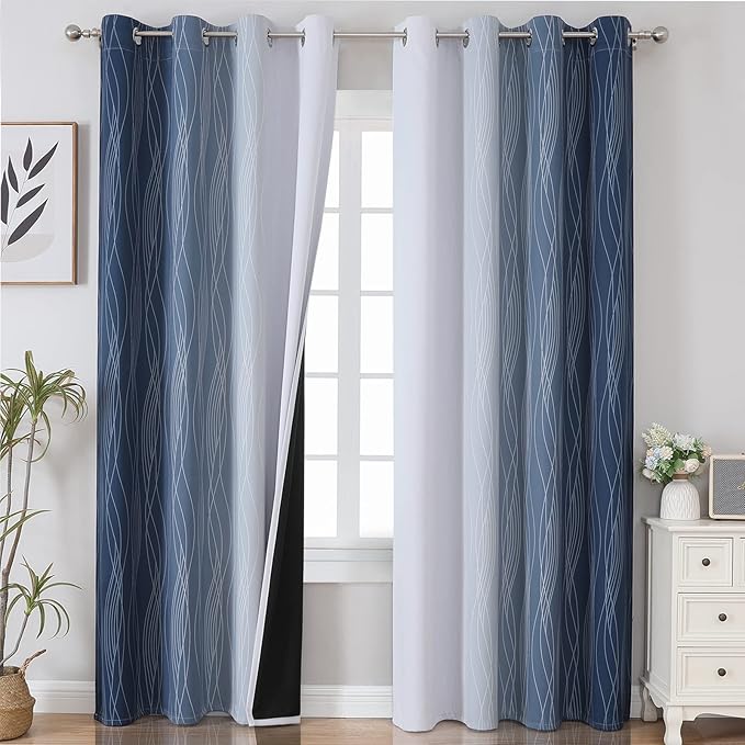 Estelar Textiler Navy Blue and Greyish White Blackout Curtains 108 Inches Long, Thermal Insulated Long Curtains for Bedroom, Full Light Blocking Energy Saving Drapes for Living Room,52Wx108L, 2 Panels