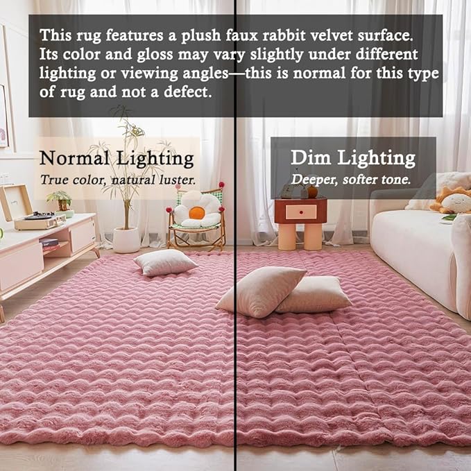 Pink Rabbit Plush Rug 6'x9', Fluffy Faux Fur Shaggy Area Rug for Nursery, Kids Room Decor, Soft Fuzzy Carpet for Living Room, Bedroom, Teen Girls Room