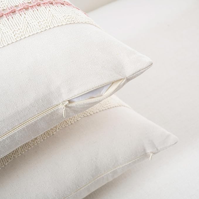 Fancy Homi Set of 1 Boho Pink Decorative Throw Pillow Cover 18x18 Inch for Couch Bed Sofa, Aesthetic Modern Organic Farmhouse Home Decor, Soft Cotton Cute Accent Macrame Woven Cushion Case