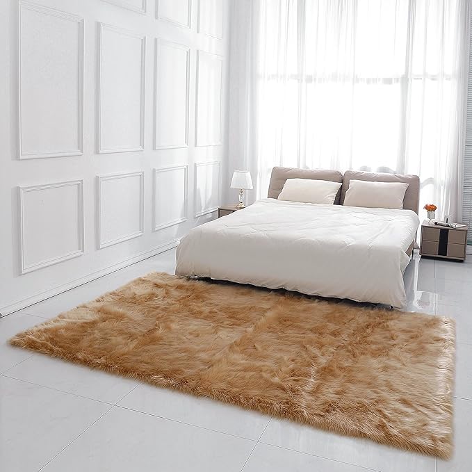 linmopm Faux Fur Rug Sheepskin Shag Fluffy Fuzzy Beige 5x7 ft Rugs for Bedroom Bedside Bed Floor Living Room Plush Rectangle High-Density Cushion Carpet Super Sofa Cover