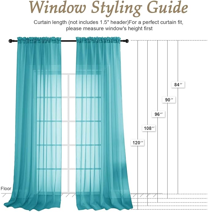 OVZME Sheer Turquoise Curtains 108 Inches Long 2 Panels Set, 59 Inch Extra Wide Lightweight Airy Turquoise Sheer Curtain for Living Room Bedroom, Filmy Voile Rod Pocket, 59Wx108L Inches