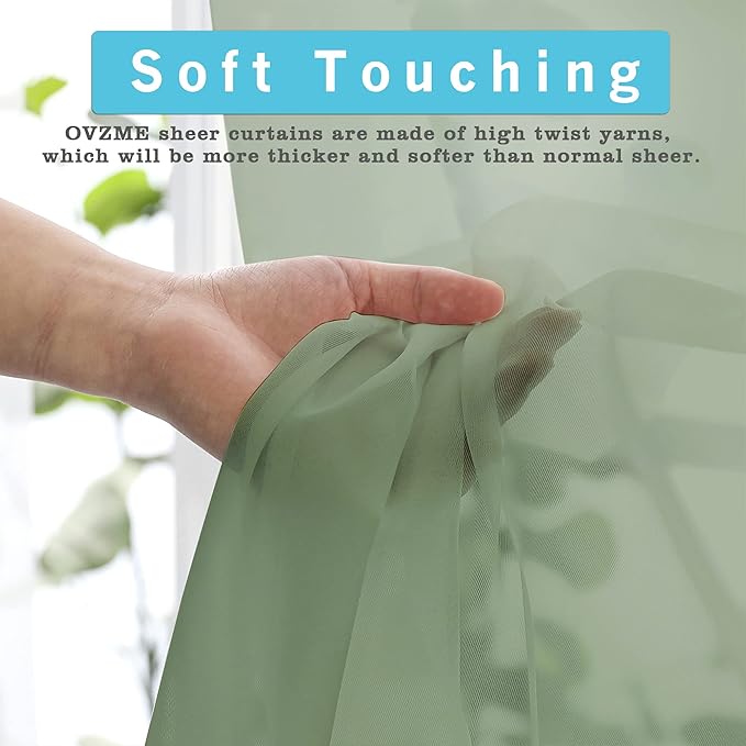 OVZME Sage Green Sheer Curtains 36 inches Long, Short Kitchen Window Treatment Solid Sheers Cafe Curtains Bathroom Voile Half Window Panels, Rod Pocket, 42" Wx36 L