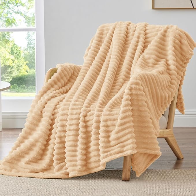 BEDELITE Twin Blanket for Couch & Bed, 300GSM Soft & Warm Fleece Blanket, Decorative and Giftable Striped Blush Sand Blankets for Women, Men, 60"x80"