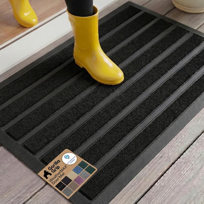GORILLA GRIP 100% Waterproof All-Season WeatherMAX Doormat US Designed Natural Rubber, Stain and Fade Resistant, Low Profile Indoor Outdoor Door Mats, Easy Clean Patio Mat, 23x35, Black Stripe