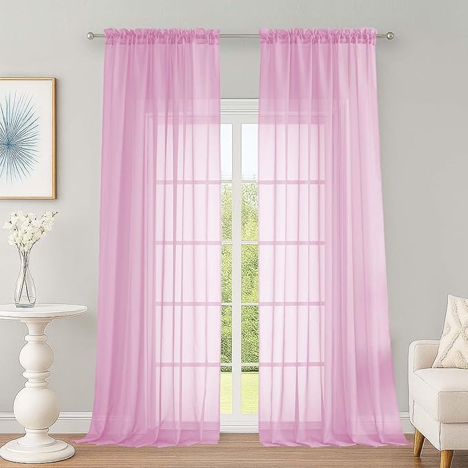 OWENIE Extra Long Pink Sheer Curtains 96 Inches Long 2 Panels Set, Soft Lightweight Airy Voile Sheer Curtain for Bedroom Living Room, Rod Pocket Solid Color Farmhouse Curtains, 59" Wx96 L Inch