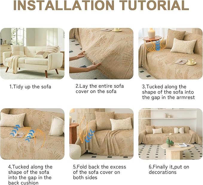 HANDONTIME Washable Couch Covers for Sofa Boho Couch Covers for 3 Cushion Sofa Pet Friendly Camel Chenille Jacquard Couch Protector for Dogs Plant Branch Sectional Cover Sofa Slipcovers, 71" X 150"
