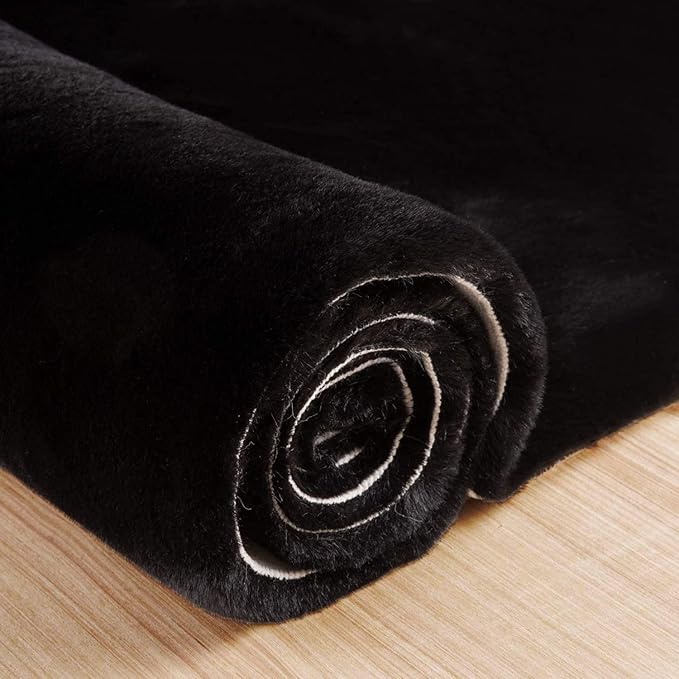ORINOVA Black Shag Rugs 8x10 Area Rugs for Living Room Faux Rabbit Fur Machine Washable Area Rugs for Bedroom Nursery Decor Fluffy Rug