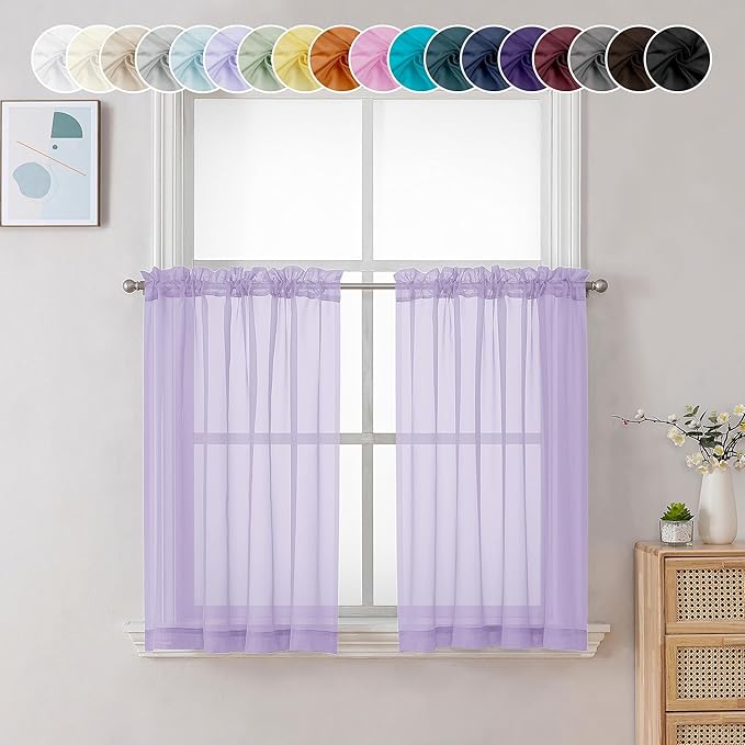 Chyhomenyc Sheer Lilac Tier Curtains 24 Inch Length, Small Window Curtains Treatment for Bathroom Living Room Basement, Short Rod Pocket Cafe Curtain, 42W x 24L Inches, 2 Panels