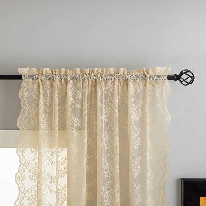 YJ YANJUN Vintage Lace Curtains 63 Inch Length Antique Chic Floral Beige Sheer Curtain Panels with Scalloped Edges for Bedroom Dining Room Rod Pocket French Country Crochet Drapes W52 X L63 2 Panels