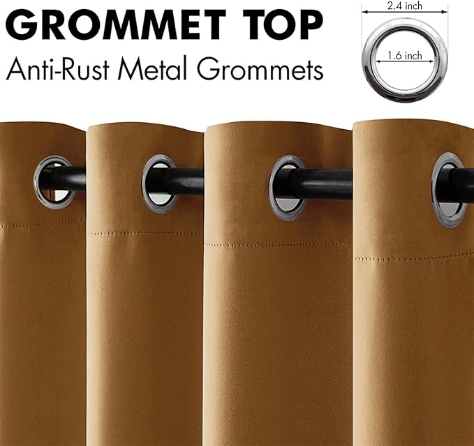 MIULEE Blackout Room Darkening Curtains Thermal Insulated Drapes Solid Window Treatment Set Grommet Top Light Blocking Curtain for Living Room/Bedroom 2 Panels 52 x 84 inch Length Golden Brown