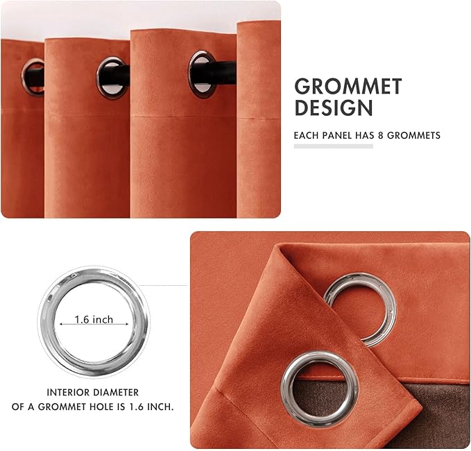 MIULEE Velvet Curtains for Fall Elegant Grommet Burnt Orange Curtain Thermal Insulated Soundproof Room Darkening Rust Terracotta Curtains/Drapes for Living Room Bedroom Decor 52 x 90 Inch Set of 2