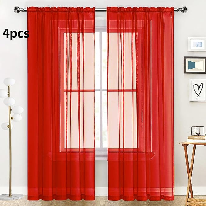 SpaceDresser Sheer Red Curtains 4 Panels Rod Pocket Semi-Sheer Curtain 108 Inches Long Light Filtering Voile Window Drapes for Bedroom Living Room Kitchen, Each 52W x 108L