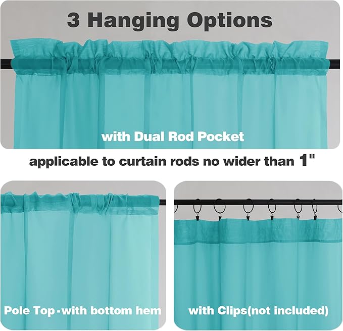 Chyhomenyc Sheer Turquoise Tier Curtains 24 Inch Length, Small Window Curtains Treatment for Bathroom Living Room Basement, Short Rod Pocket Cafe Curtain, 42W x 24L Inches, 2 Panels
