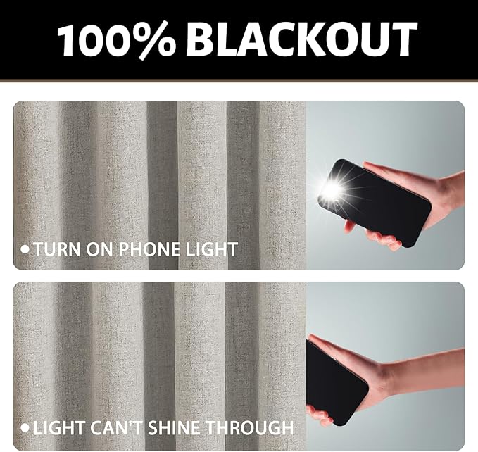 Yakamok Oatmeal Linen Curtains 100% Blackout 72 Inches Long,Room Darkening Textured Curtains for Living Room Thermal Grommet Bedroom Curtains 2 Panels with White Liner