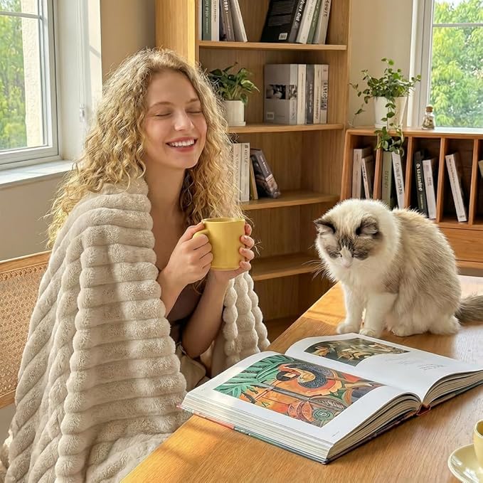 HIMEET Linen Ribbed Throw Blanket for Couch - 300GSM Lightweight Soft Fleece Blanket for Women, Cozy Blankets for Mothers Gifts, Striped Spring Home Room Decor, Linen, 50x60 Inches