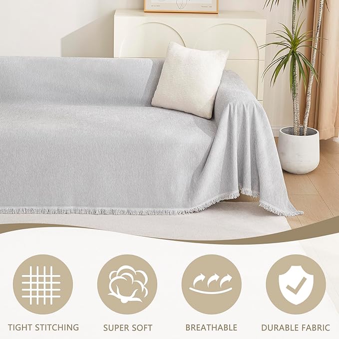 MYSKY HOME Chenille Sofa Cover for Dogs Cats Light Gery Couch Cover with Tassel Edge Farmhouse Furniture Protectors for Pets Thick Durable Sectional Couch Covers for 2 Cushion Couch, 71"x 102"