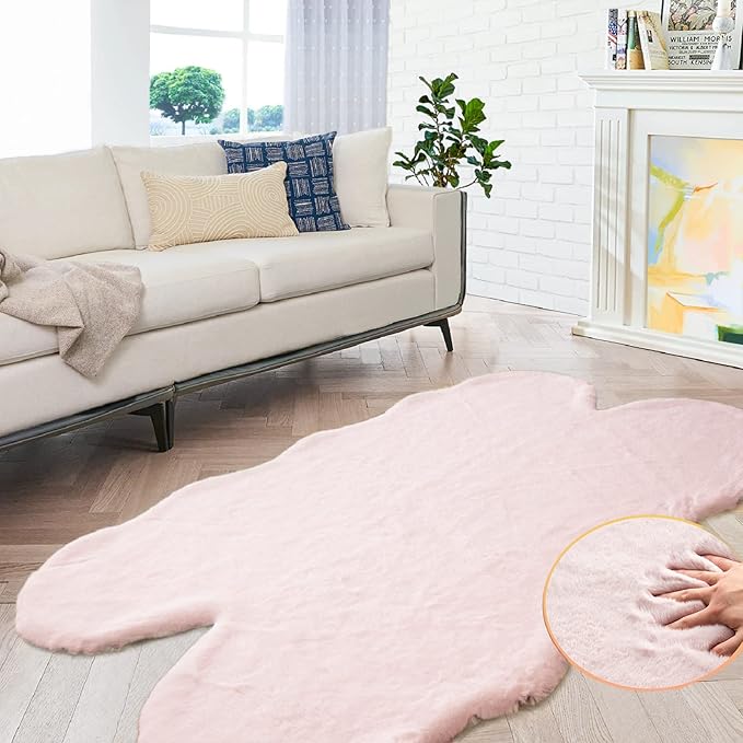 ORINOVA Pink Fluffy Shag Carpet Faux Bunny Washable Plush Fur Area Rugs for Bedroom 4x6 Nursery Rug for Living Room