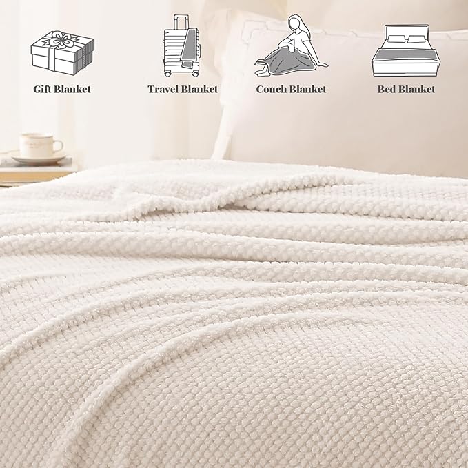 Whale Flotilla Queen Size Fuzzy Fleece Blanket for Bed, 90x90 Inch Fluffy Warm Soft Jacquard Blankets for All Season, Lightweight and Cozy, Ivory