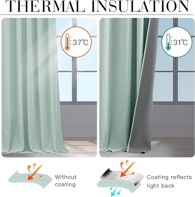 RYB HOME 100% Blackout Linen Textured Curtains 108 inches Long, Thermal Insulating Privacy Energy Saving for Bedroom Living Room Window Office Theater Baby Nursery, W 52 x L 108 in, Aqua, 2 Panels