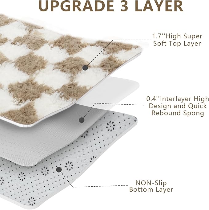 Checkered Area Rugs for Living Room 8x10, Fluffy Beige and White Checkered Rug Fuzzy Shag Shaggy Carpets for Bedroom, Soft Plush Furry Rug for Boy Girls Room Dorm Home Decor
