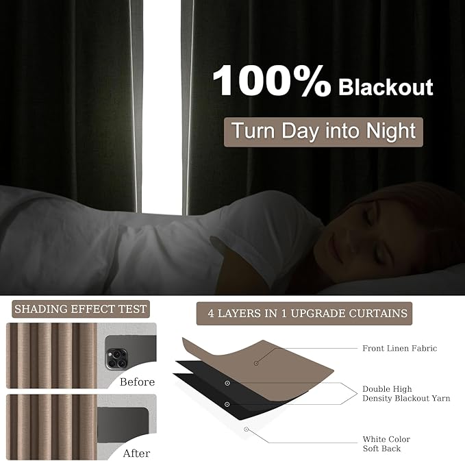 Topfinel 95 inch Bedroom Curtains 2 Panels 100% Blackout Linen Texture Curtain Taupe Vintage Farmhouse Window Drapes with Back Tab Rod Pocket Light Blocking Thermal Insulated Curtains 95 inches Long