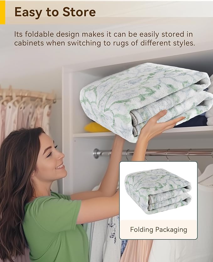 Area Rugs 9'x12' Washable Non-Slip, Floral Vintage Distress Print Pattern Medallion Carpet for Living Room Bedroom Dining Room, Green White Blue