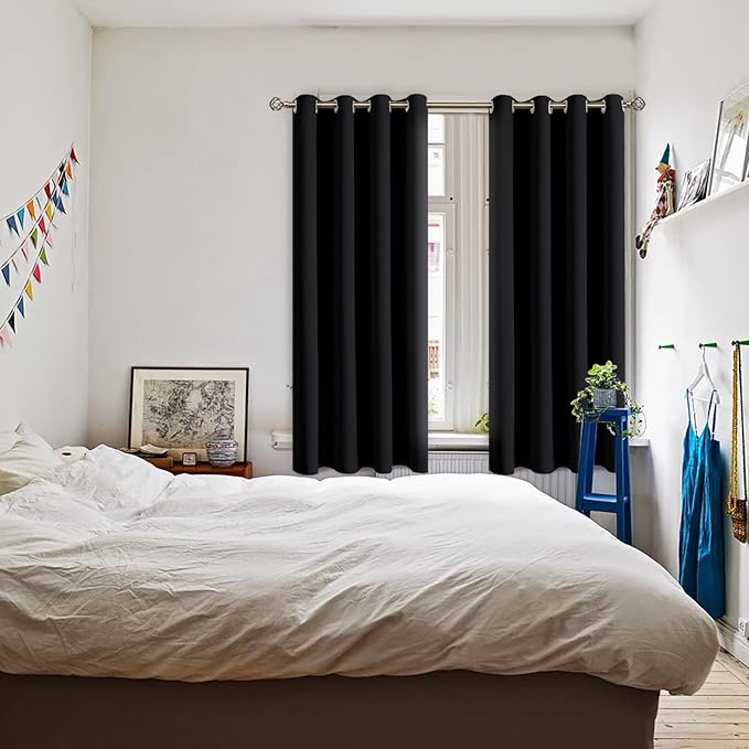 BGment Black Blackout Curtains for Bedroom 63 Inch Length 2 Panels Set, Room Darkening Light Blocking Thermal Insulated Grommet Window Drapes, Each Panel 46 Inch Wide