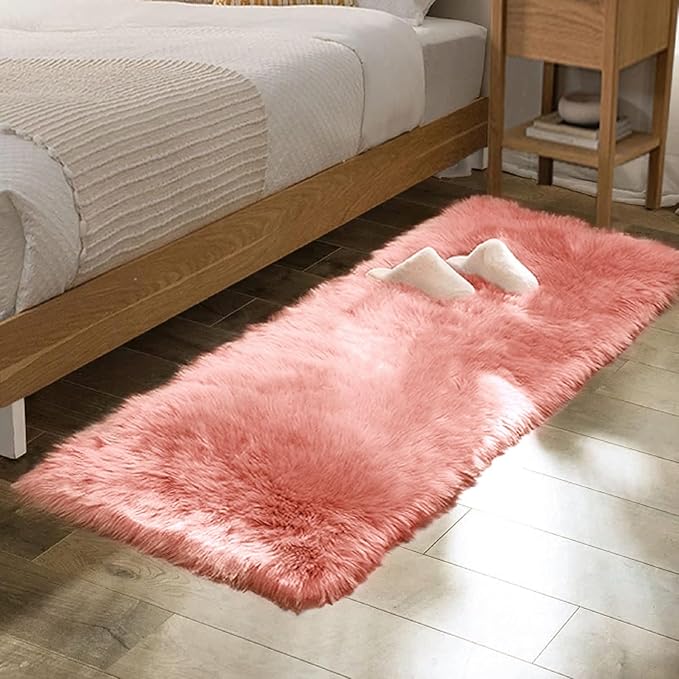 ORINOVA Pink Faux Sheepskin Fluffy Fur Rugs for Bedroom Machine Washable Fuzzy Area Rugs for Living Room Runner Rugs for Hallway 2x6