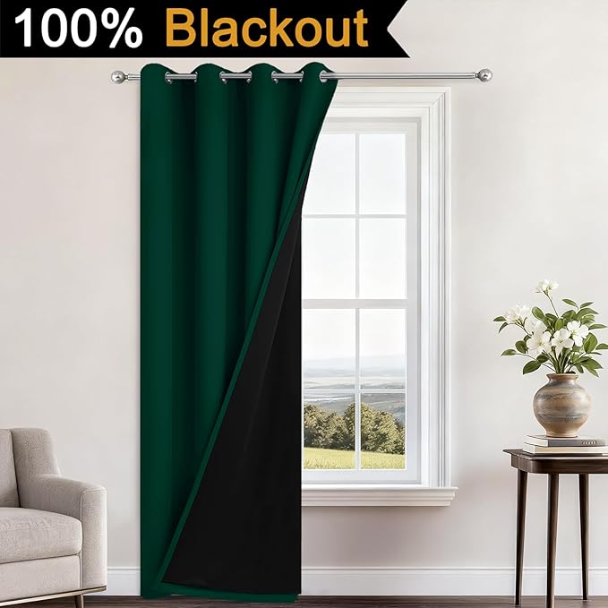 Yakamok 100% Blackout Curtains 84 Inches Long, 2 Thick Layers Heat and Full Light Blocking Soft Thermal Insulated Drapes for Bedroom(52" Wide Each Panel, Green, 1 Panel)