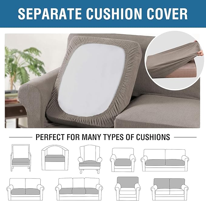 H.VERSAILTEX 4 Piece Stretch Sofa Covers for 3 Cushion Couch Covers for Living Room Furniture Slipcovers (Base Cover Plus 3 Seat Cushion Covers) Thicker Jacquard Fabric (Large Sofa, Taupe)