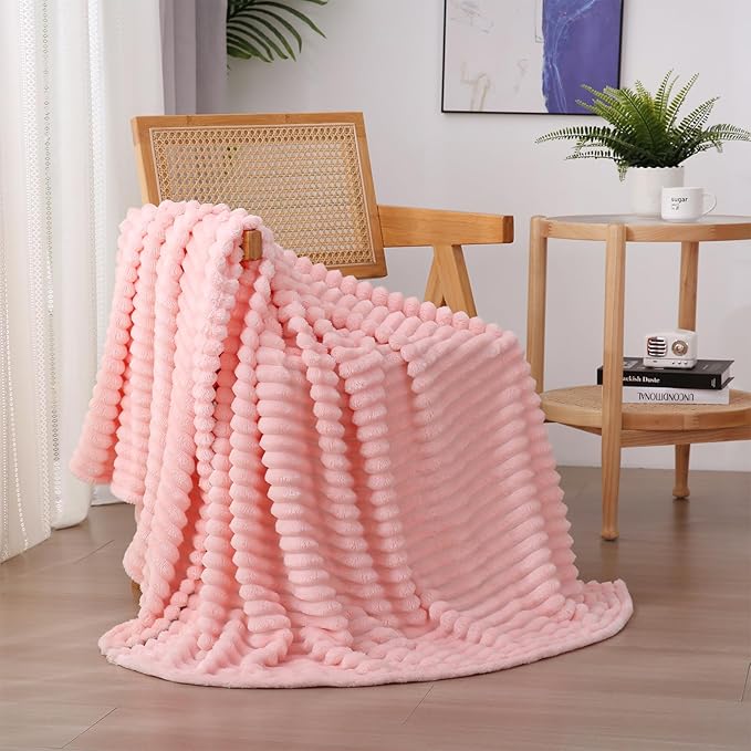 Light Pink Fleece Throw Blanket 50”×70” for Couch Sofa Bed,Super Soft Cozy Plush Microfiber Flannel Blanket with Stripes Design Lightweight for Adults,Woman,Girls