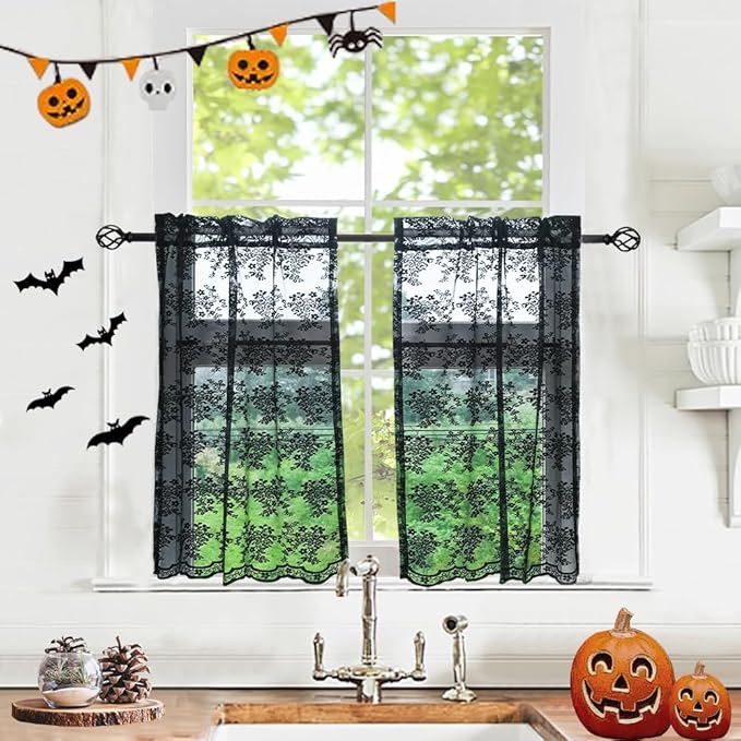 YJ YANJUN Vintage Lace Curtains 36 Inches Length-Gothic Cafe Curtains Short Kitchen Sheer Curtain Panels for Bathroom Spooky Halloween Holiday Party Decor 2 Panels 26 x 36 Inch