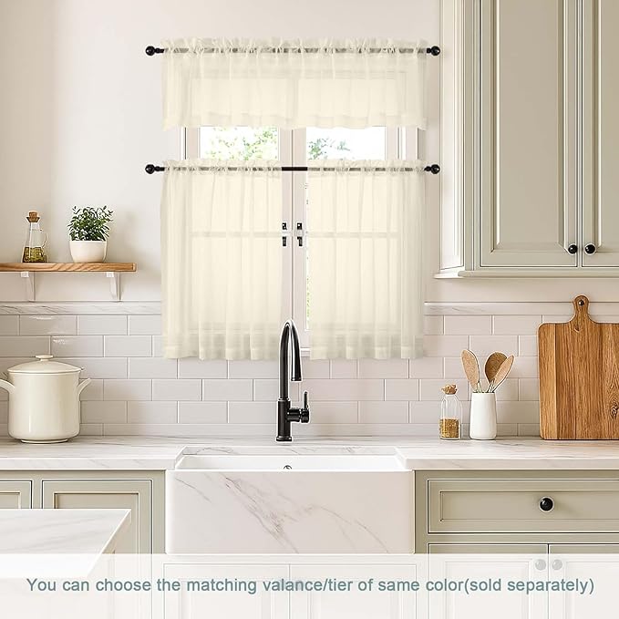 Cream Valances for Windows 14 inch Length 2 Panels Set, Small Voile Sheer Curtains for Bathroom, Soft Fabric Lightweight Light Filtering Kitchen Curtains, Dual Rod Pocket, 2x42Wx14L Inches