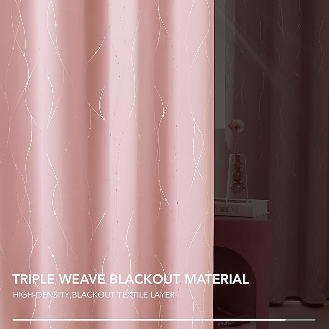 Deconovo Pink Curtains, Blackout Drapes, Thermal Insulated Soundproof Curtain, Silver Wave Dots Print, 52 x 63 Inch Long, Machine Washable Window Panels for Girls Bedroom Living Room Nursery, Set of 2