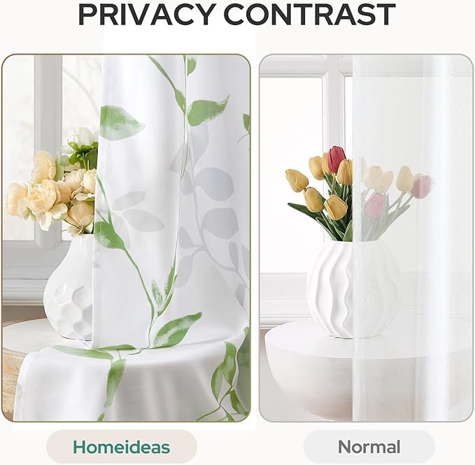 HOMEIDEAS Non-See-Through Sage Green and White Privacy Sheer Curtains 52 X 63 Inch Length 2 Panels, Leaf Floral Printed Light Filtering Semi Sheer Window Curtains Drapes for Bedroom Living Room