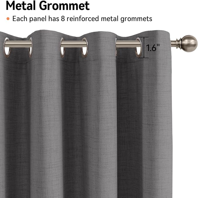 100% Blackout Shield Linen Blackout Curtains for Bedroom, Dark Grey Grommet Curtains for Living Room, Thermal Insulated Room Darkening Drapes for Nursery, Boho Home Decor, 50" W x 84" L, 2 Panels