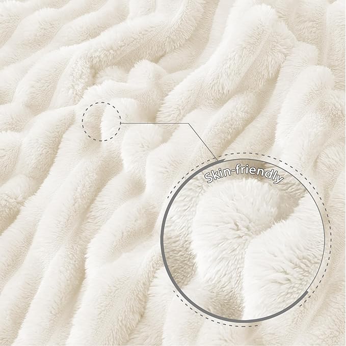 Exclusivo Mezcla Queen Size Flannel Fleece Blanket, Super Soft Striped Jacquard Bed Blanket, Lightweight Fuzzy Cozy for All Seasons, 90x90 Inches, Ivory