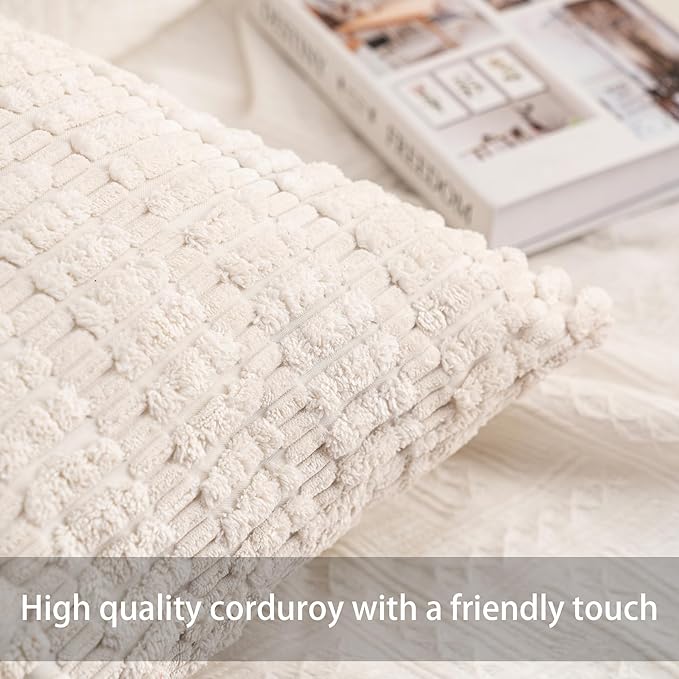 Pack of 2 Corduroy Decorative Throw Pillow Covers 24x24 InchSoft Striped Pillow Covers Modern Farmhouse Home Decor for Sofa Living Room Couch Bed（White）